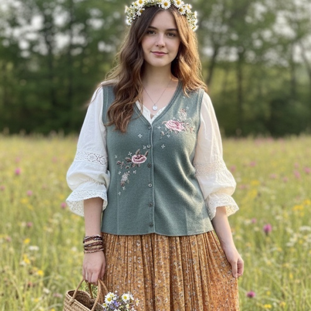 Vintage Koret Green Sleeveless Sweater Vest with Floral Embroidery